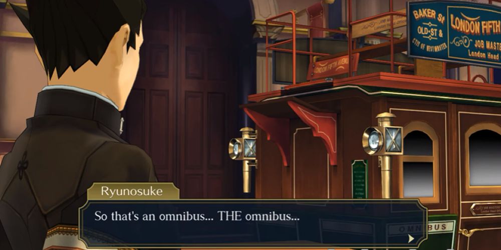 Ryunosuke Naruhodo observa el ómnibus en la sala del tribunal en el caso 3 de The Great Ace Attorney: Adventures.