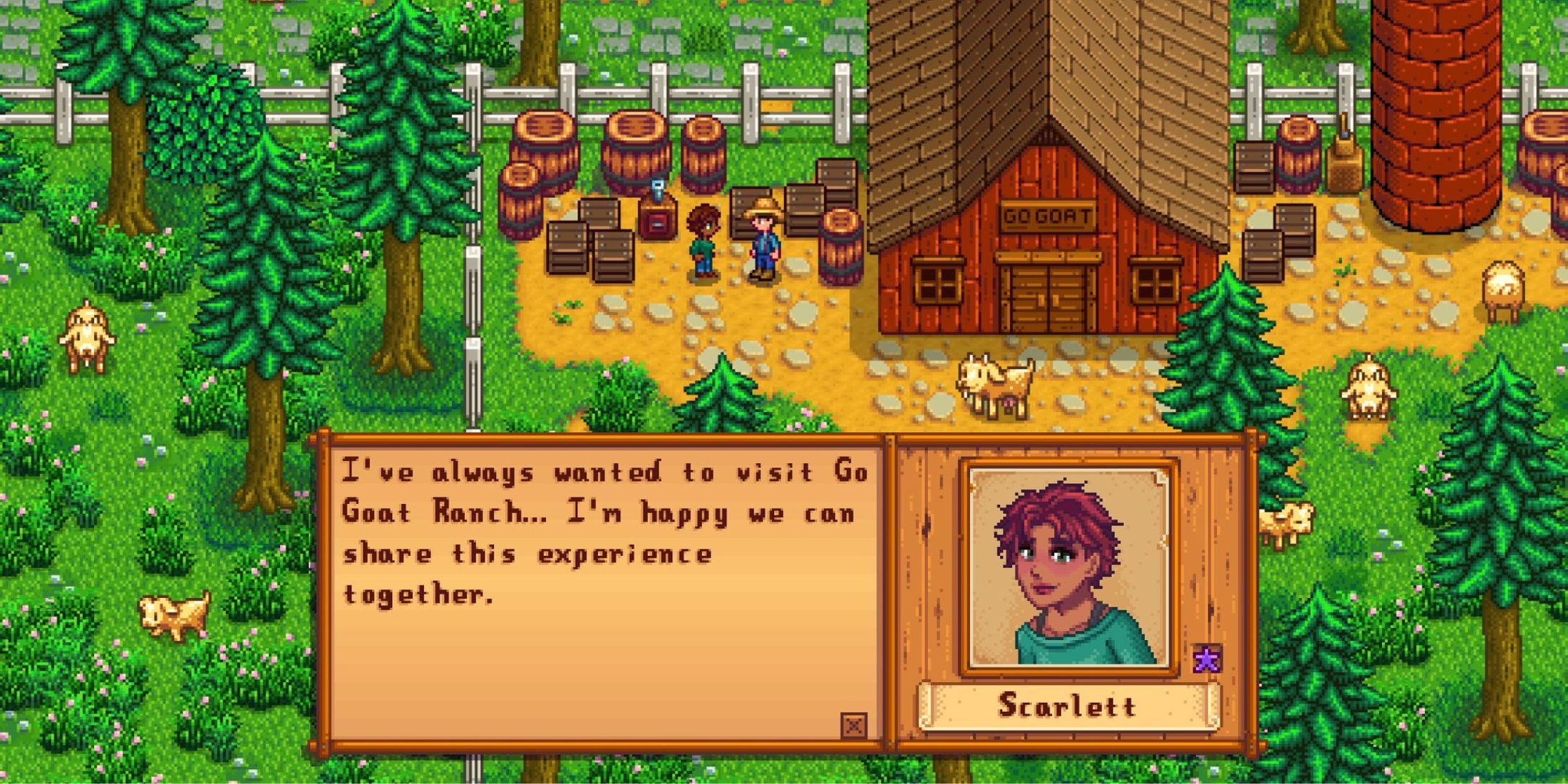 Scarlett expressa felicidade em Stardew Valley Expanded.