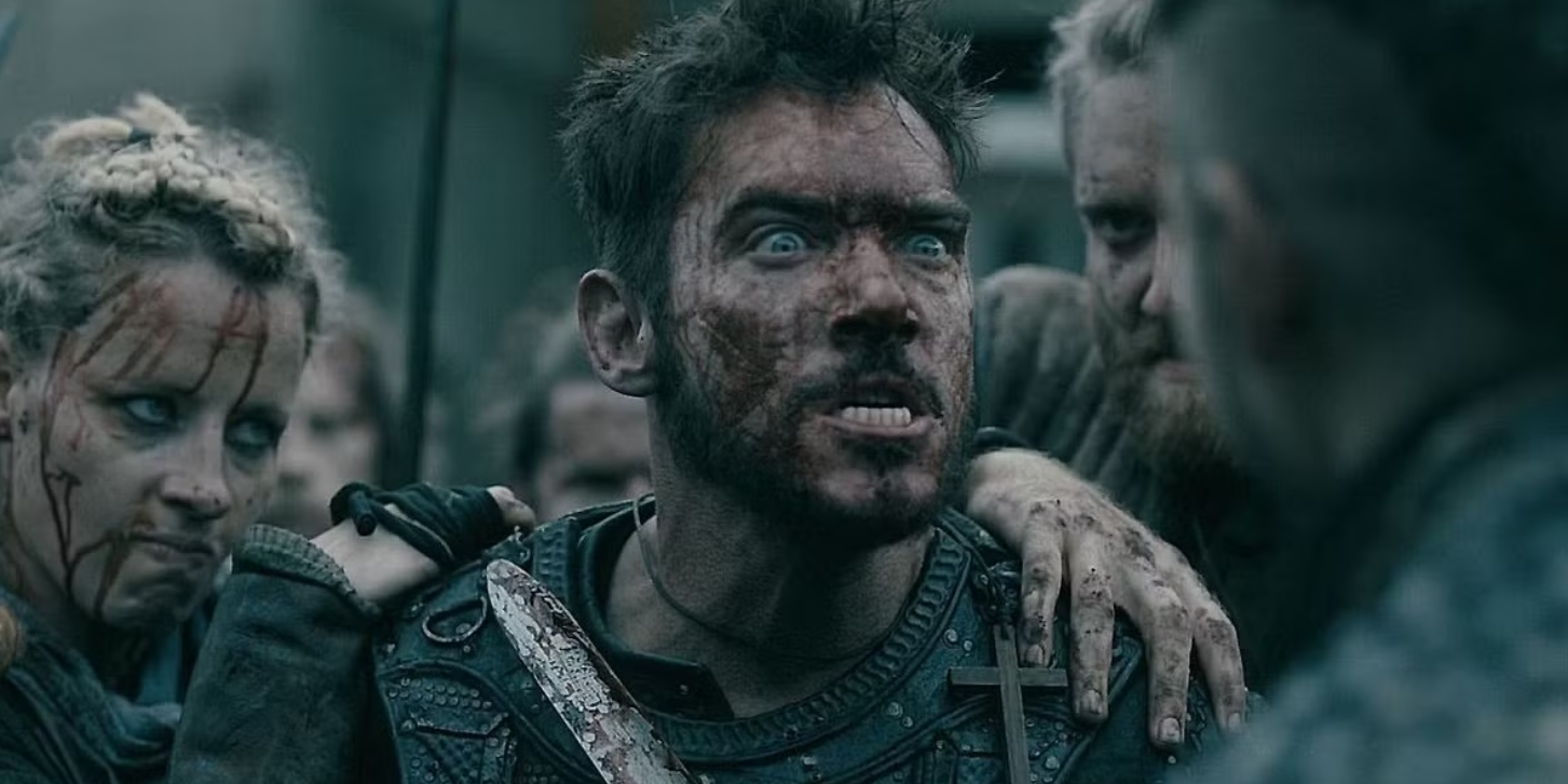 Bishop Heahmund is defiant and bloody after a battle in Vikings.