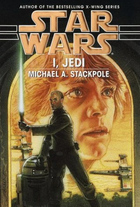 A capa do romance Star Wars I, Jedi mostra Corran Horn com um sabre de luz e Luke ao fundo.