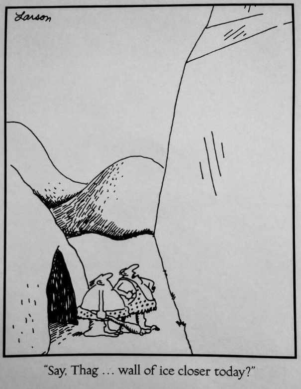 Dos cavernícolas se preguntan si el muro de hielo se está acercando hoy en The Far Side.