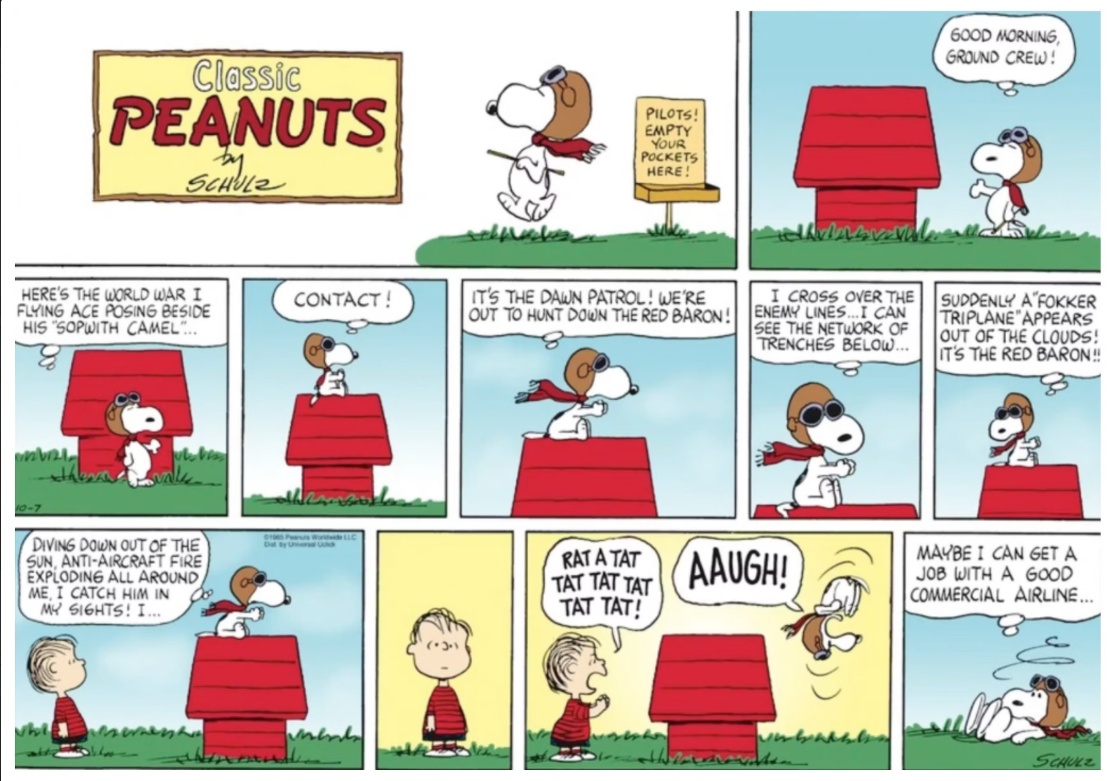 Linus prega uma peça que interrompe a Patrulha da Alvorada de Snoopy no Peanuts.