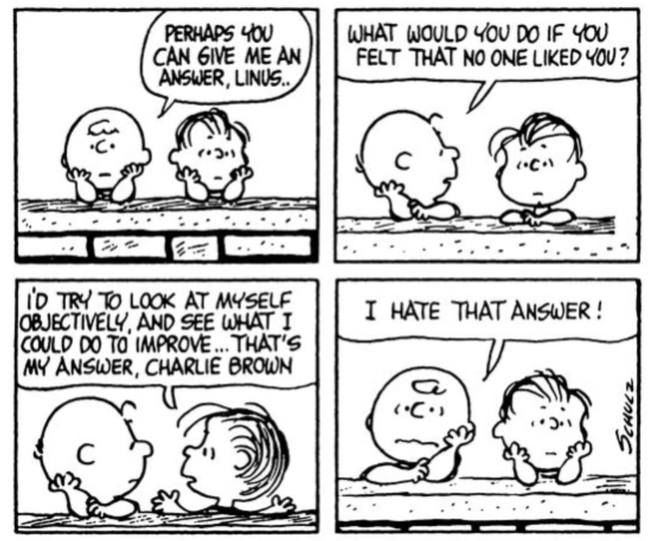 Linus e Charlie Brown conversam na ponte.