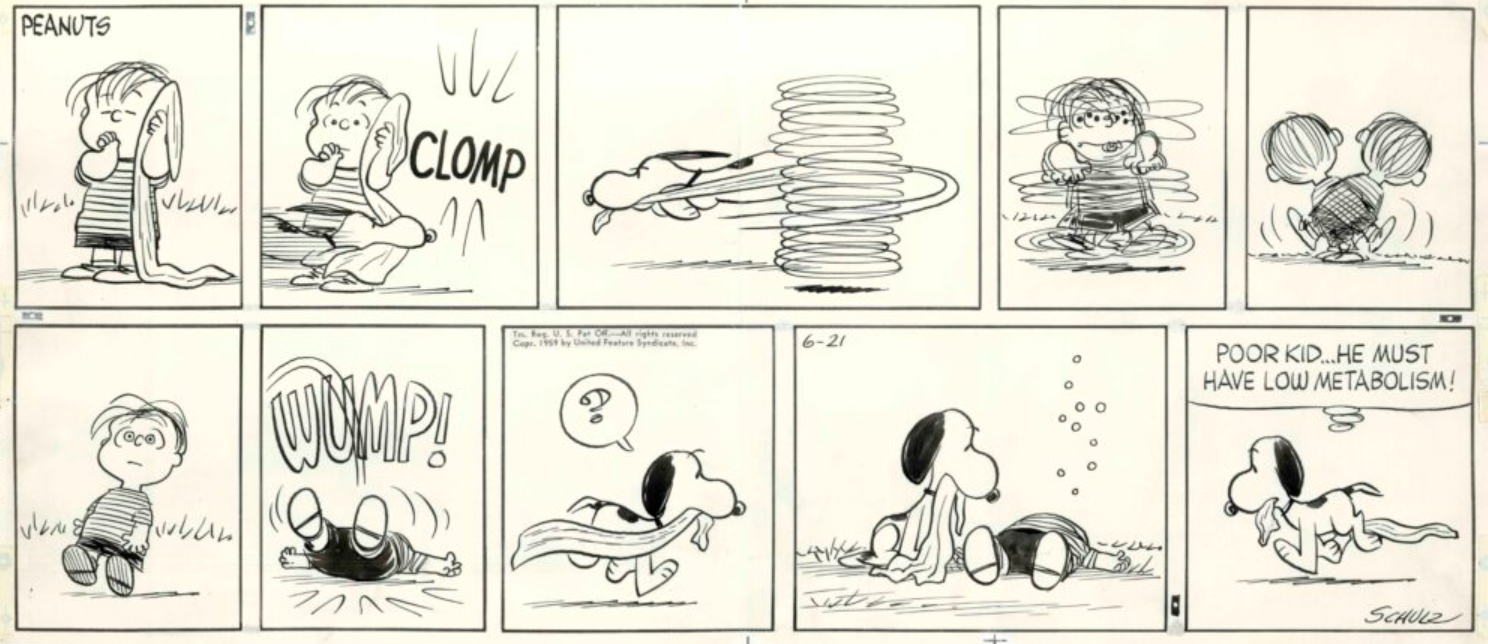 Snoopy ataca Linus e usa seu cobertor para girá-lo em Peanuts.