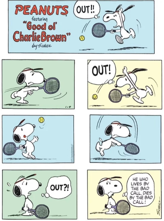 Snoopy joga tênis e lança a bola em Peanuts.