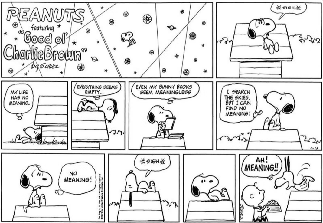 Snoopy deita-se em sua casinha de cachorro e se pergunta sobre o sentido da vida em Peanuts.