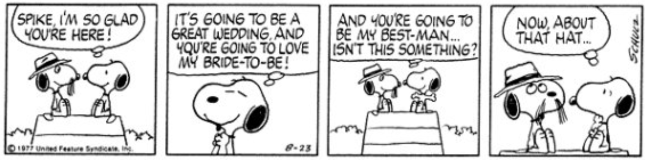 Snoopy pede a Spike para ser seu padrinho e então aborda a questão do "chapéu" em Peanuts.