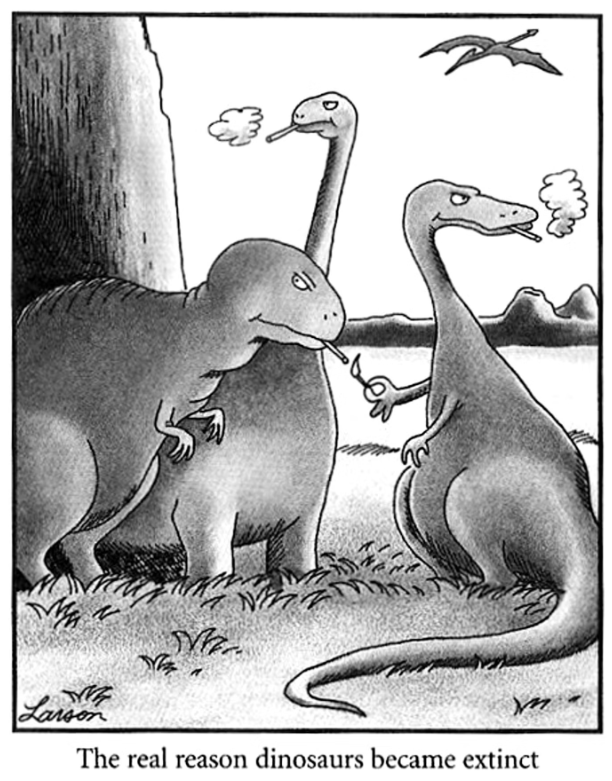 Os dinossauros se escondem atrás de uma parede e fumam cigarros no The Far Side.