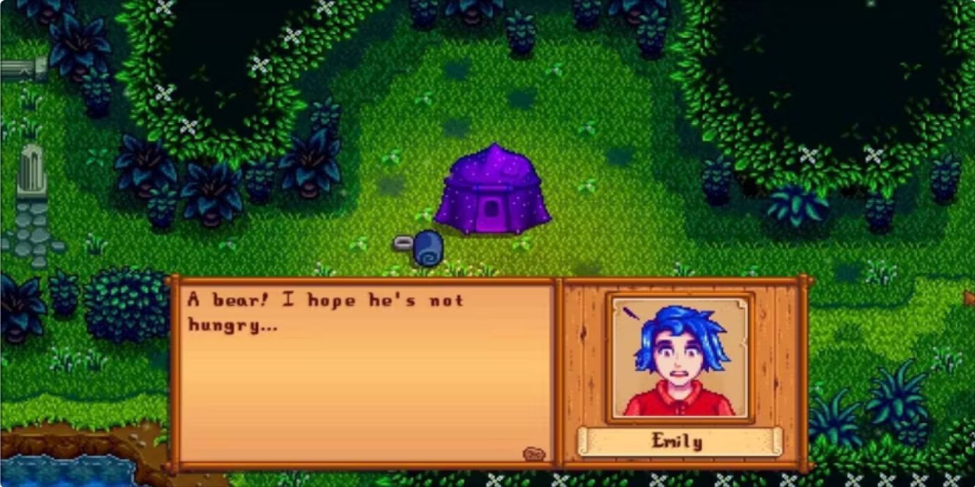 Um urso avista Emily e a tenda do jogador na floresta de Stardew Valley.