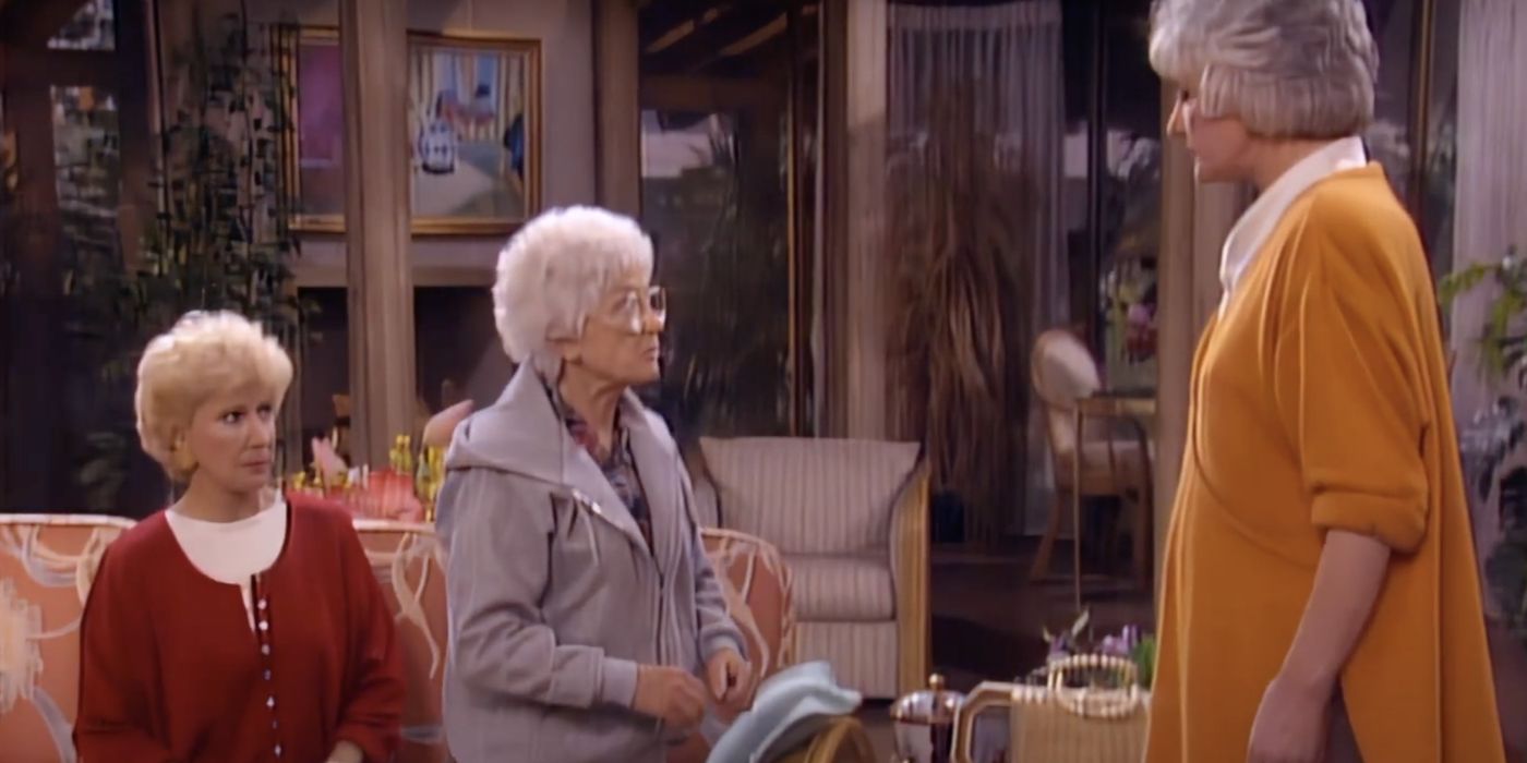 Bea Arthur como Dorothy Zbornak, Estelle Getty como Sophia Petrillo e Dena Dietrich como Gloria Harker em Golden Girls