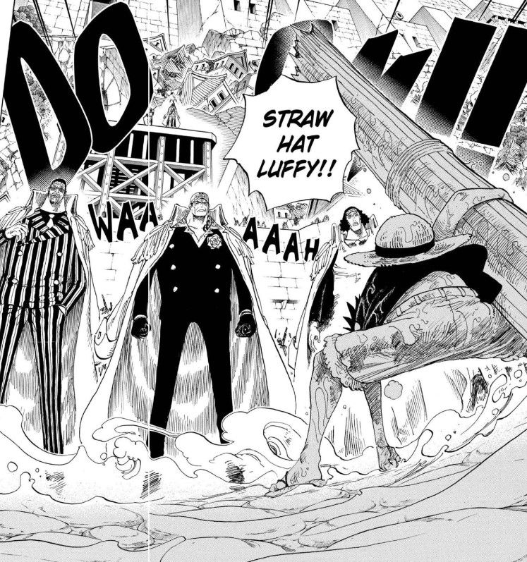 Luffy desafiando Aokiji, Kizaru e Akainu com um mastro quebrado