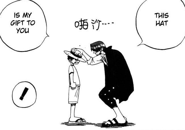 Shanks oferece seu Chapéu de Palha para Luffy em One Piece