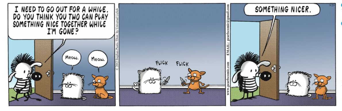 This Pearls Before Swine comic strip features Zebra's pets playing with knives.