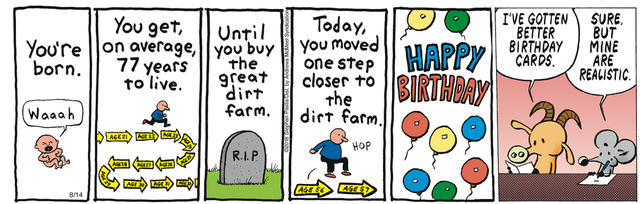 This Pearls Before Swine comic strip features a rather morbid birthday card