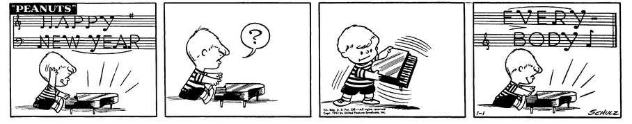 Schroeder toca piano no Ano Novo nesta história em quadrinhos de Peanuts.