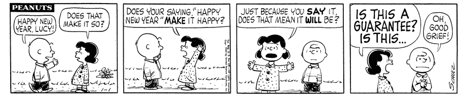 Lucy reclama com Charlie Brown sobre o Ano Novo nesta história em quadrinhos de Peanuts