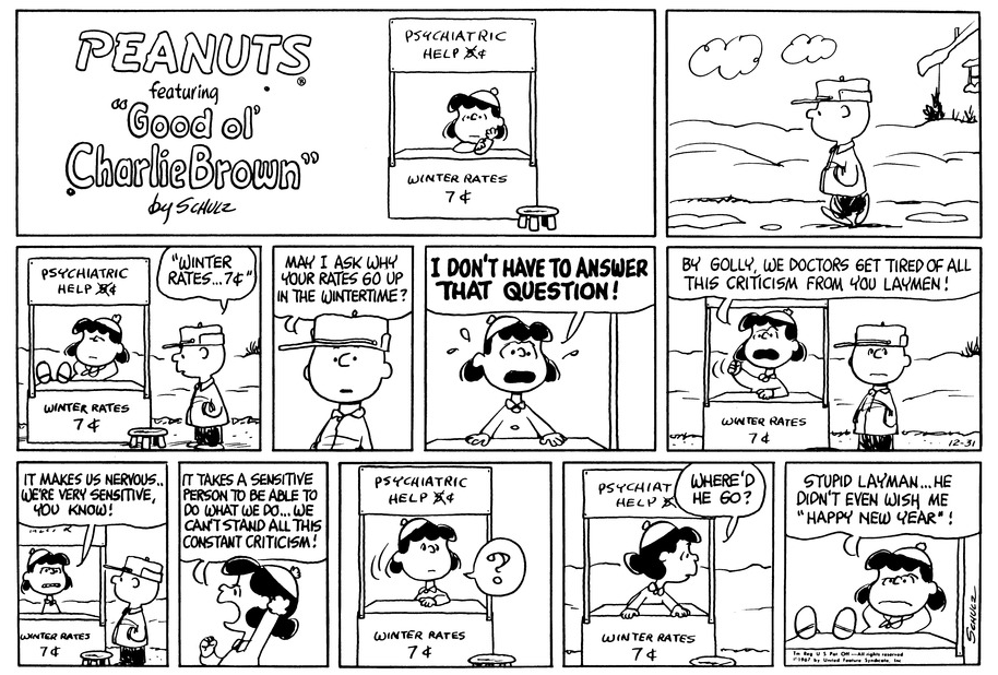 Lucy realiza sessões de terapia na véspera de Ano Novo nesta história em quadrinhos do Peanuts.