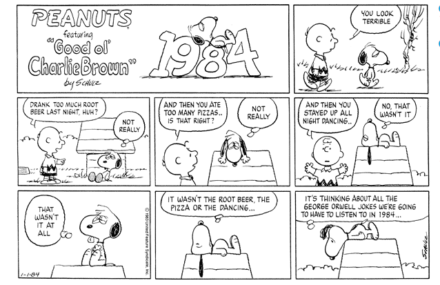 1984, de George Orwell, é referenciado nesta história em quadrinhos de Peanuts.