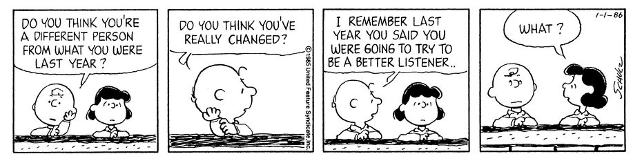 Charlie Brown pergunta a Lucy como ela mudou nesta história em quadrinhos de Peanuts.