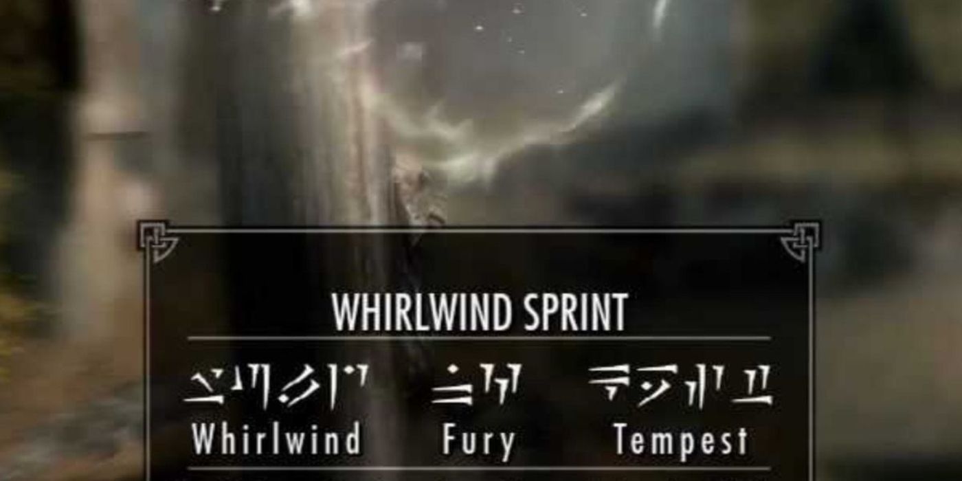 Uma captura de tela de The Elder Scrolls V: Skyrim mostra as três palavras para o grito Whirlwind Sprint Dragonborn, que são Whirlwind, Fury e Tempest.