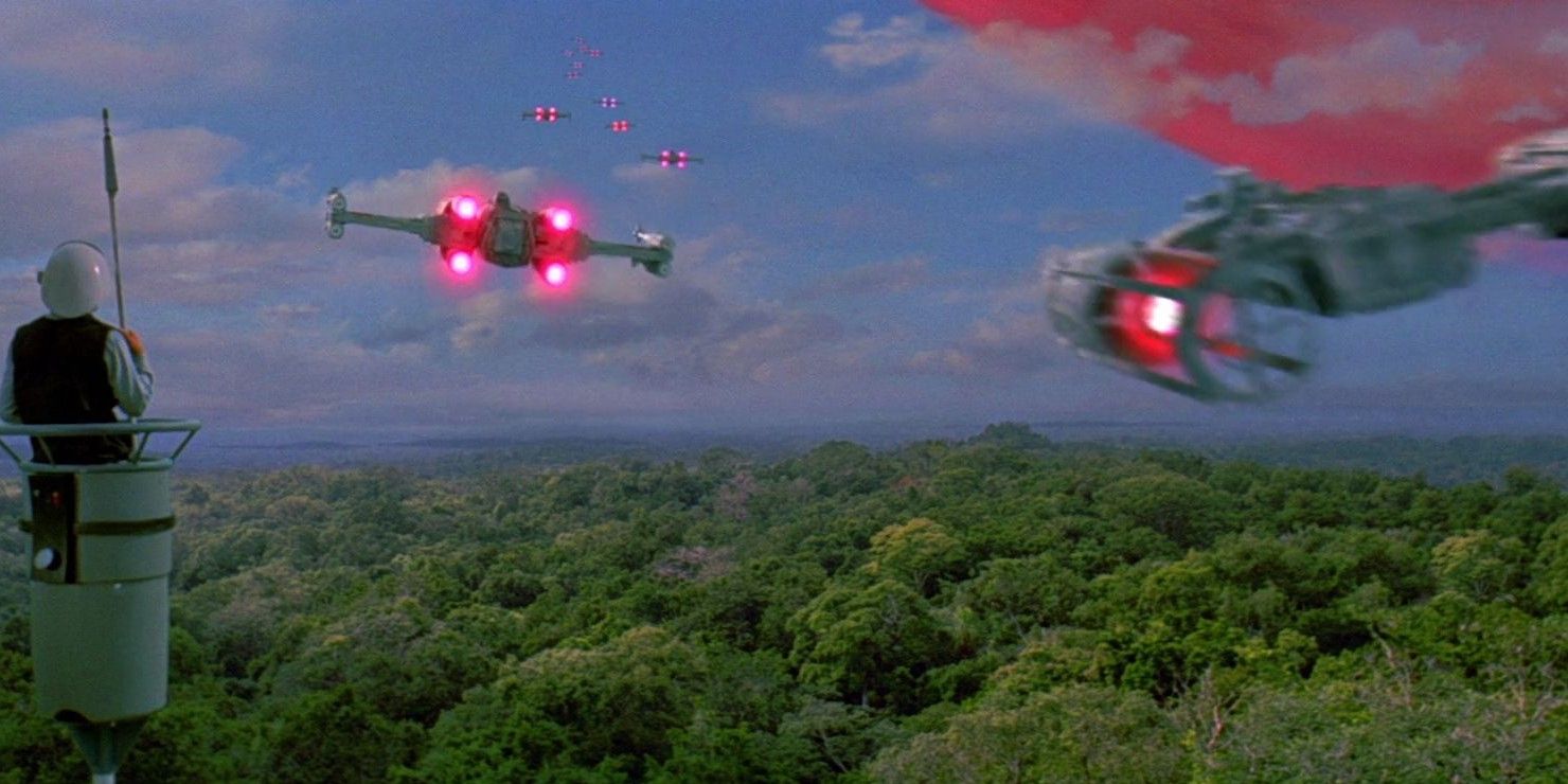 X-Wings e Y-Wings decolam de Yavin IV com o Gigante Gasoso no céu acima deles em Star Wars