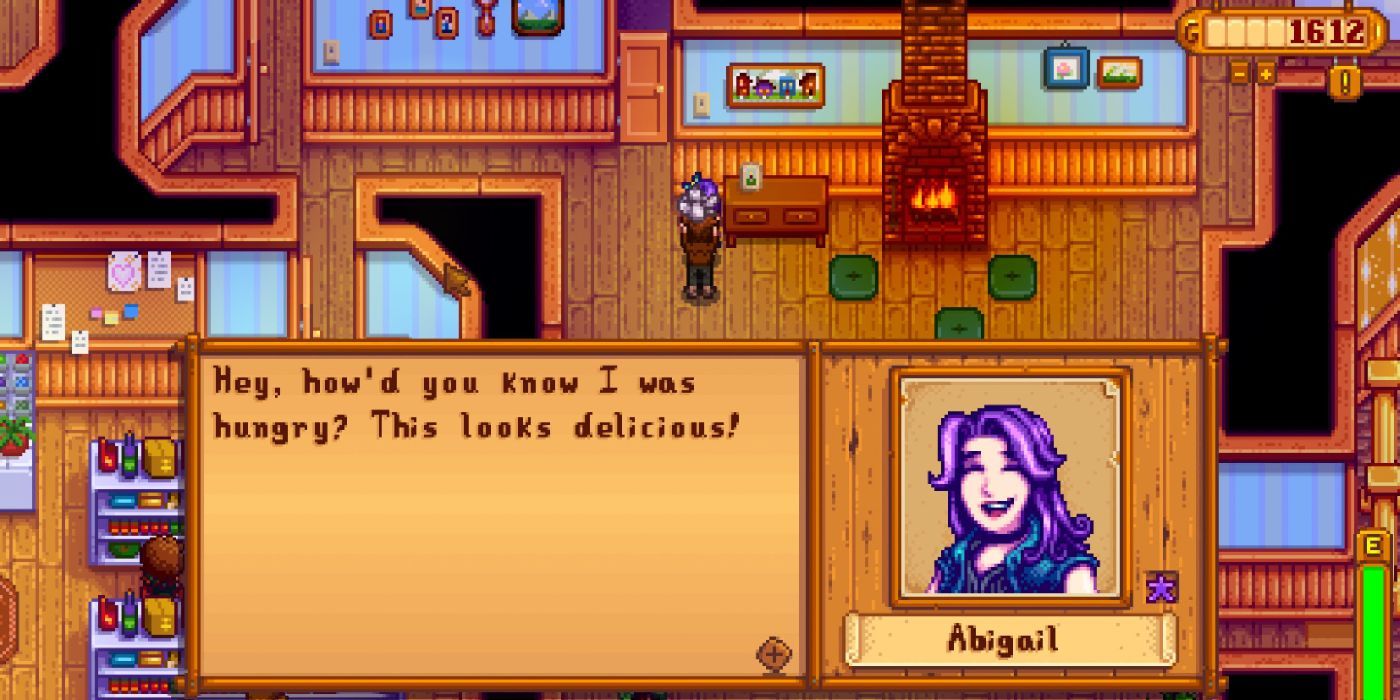 O jogador dá um presente a Abigail em Stardew Valley.