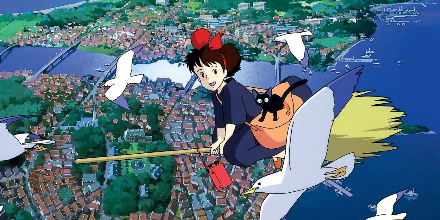 Kiki and Jiji flying above an island in Kiki's Delivery Service.