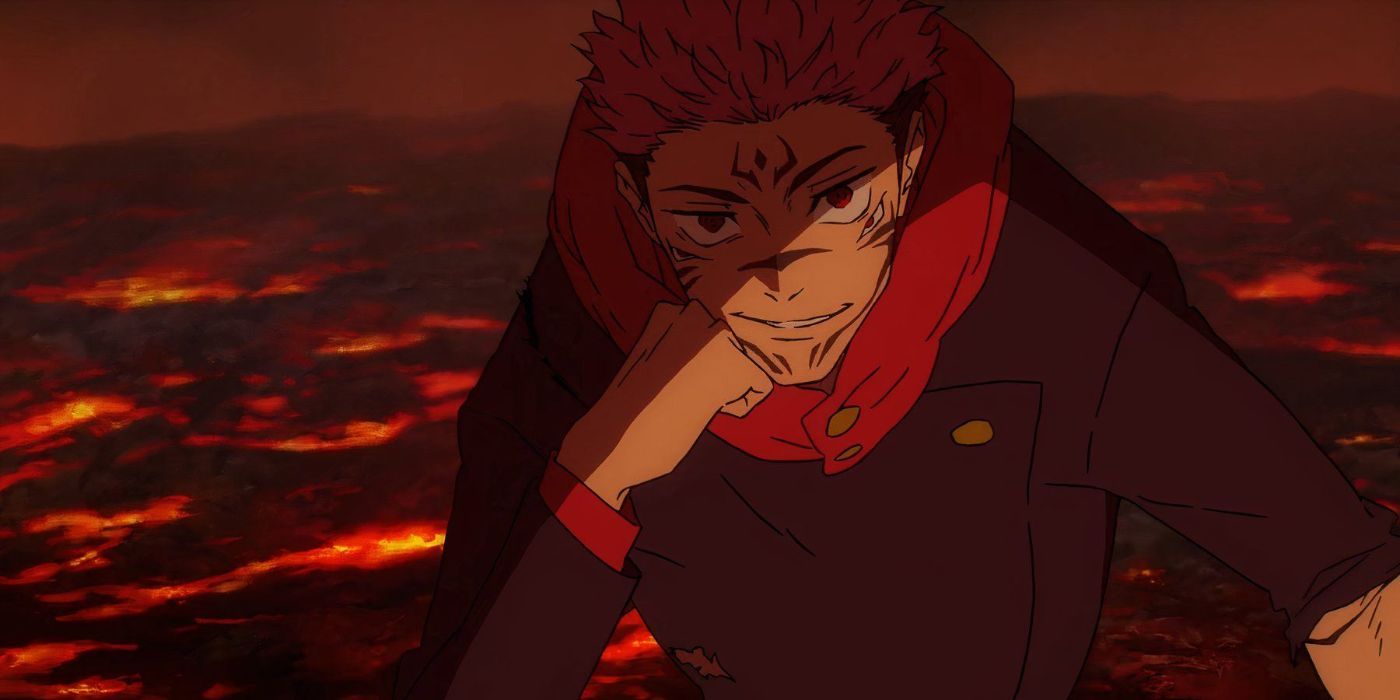 Sukuna kneeling in Jujutsu Kaisen Season 2 during the Shibuya Incident Arc