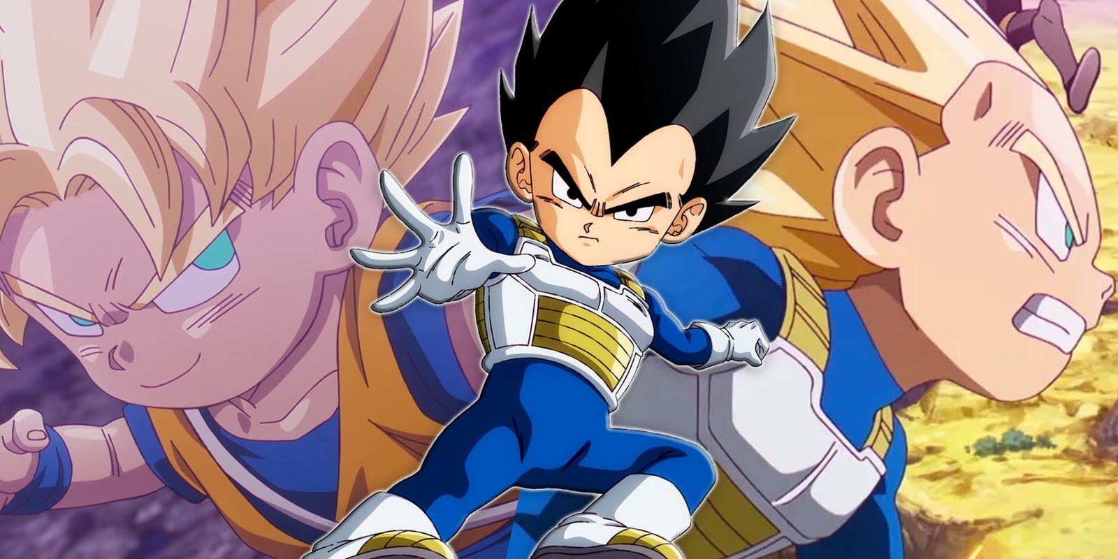 Super Saiyan Goku, Mini Vegeta and Super Saiyan Vegeta in Dragon Ball DAIMA