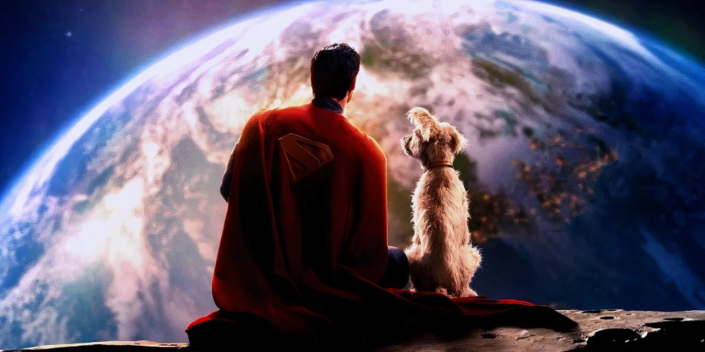 Superman e Krypto observam a Terra do espaço em uma promoção do Superman de James Gunn.