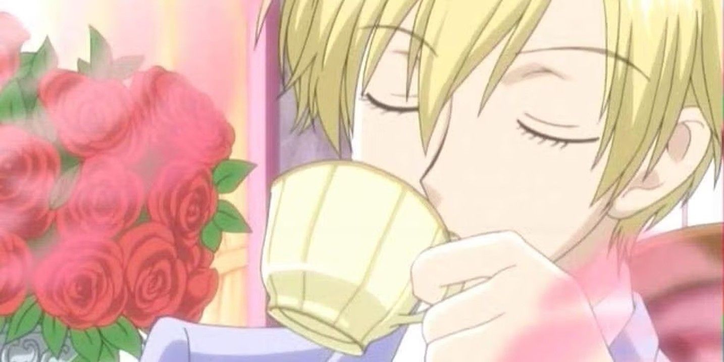 Tamaki Suoh drinks his tea with roses nearby in Ouran High School Host Club.