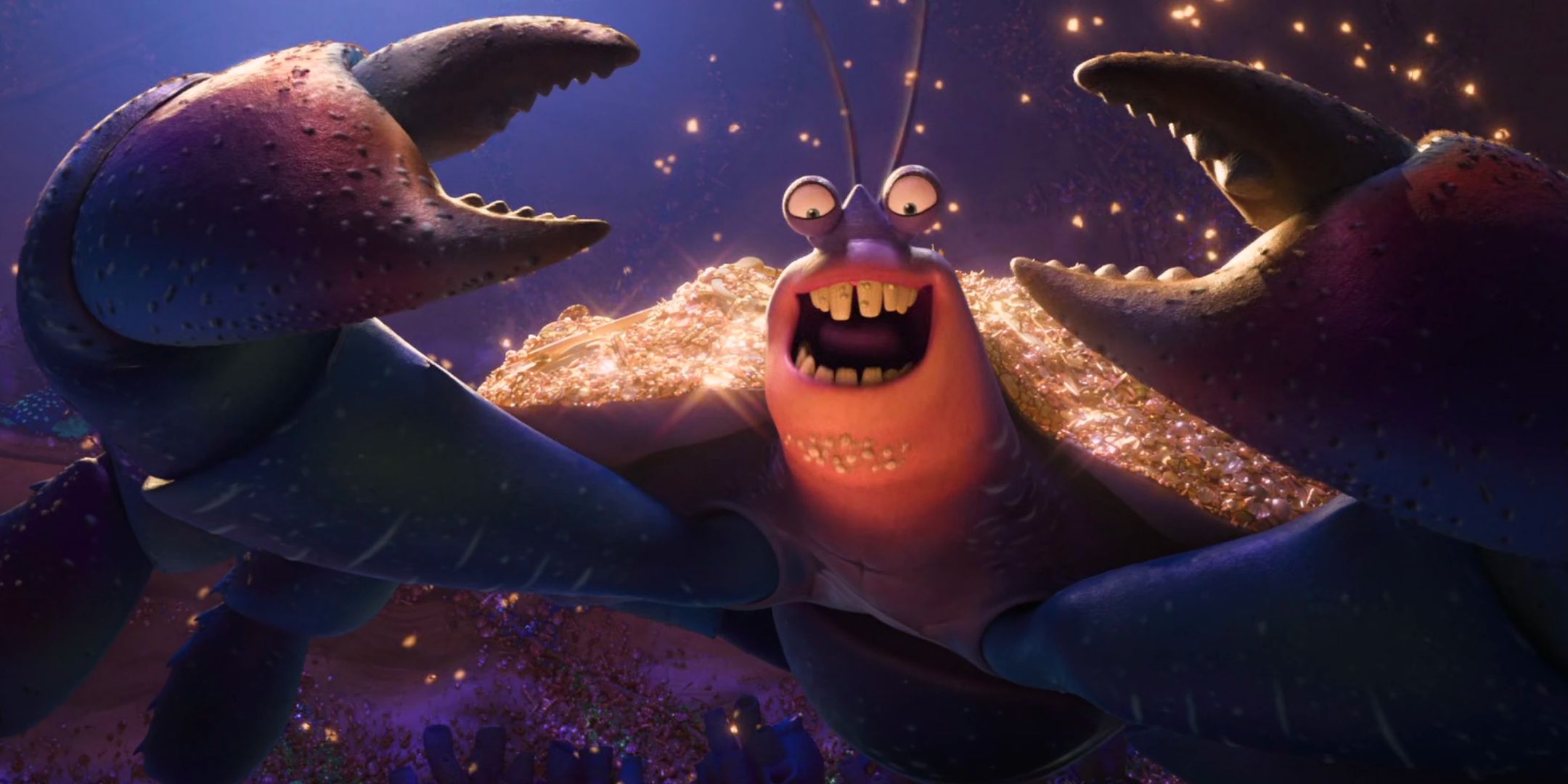 Tamatoa elevando-se sobre o herói titular de Moana dentro de seu covil