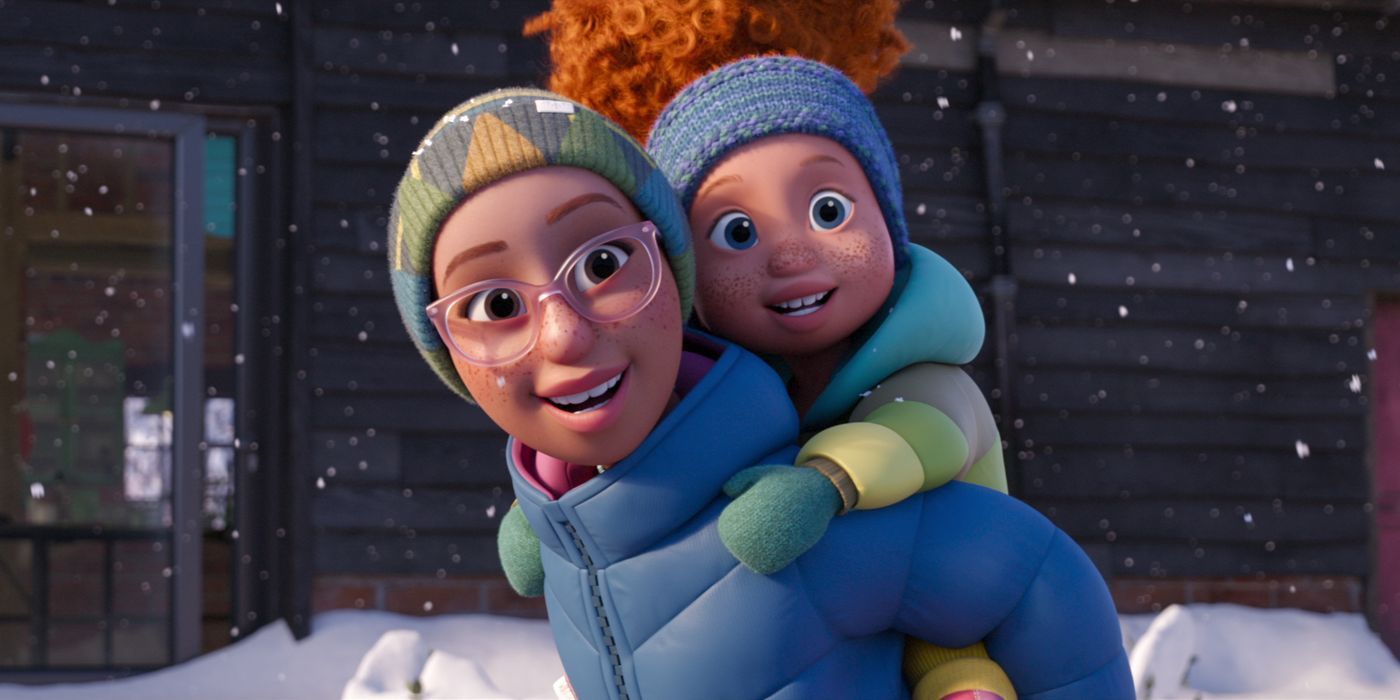 Uma criança dá carona ao irmão mais novo na neve no filme da Netflix, That Christmas