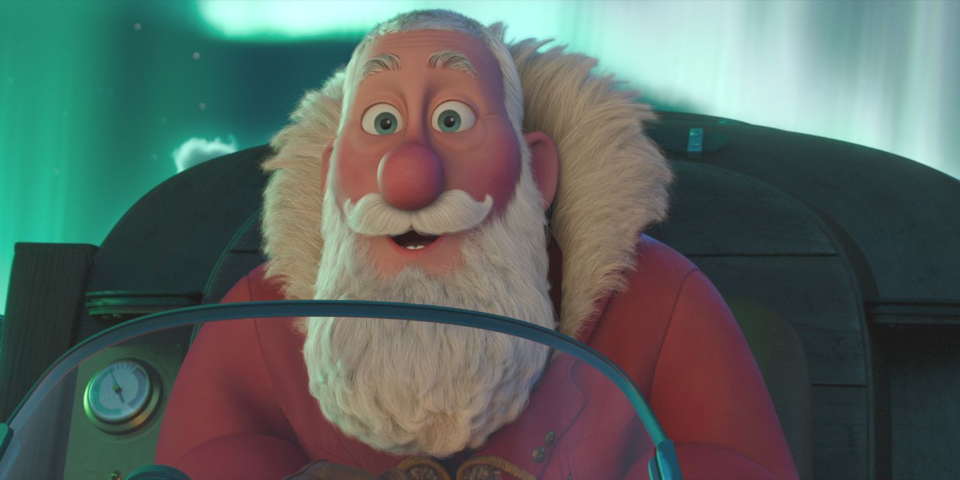 Papai Noel sentado em seu trenó com a aurora boreal atrás dele no filme Aquele Natal