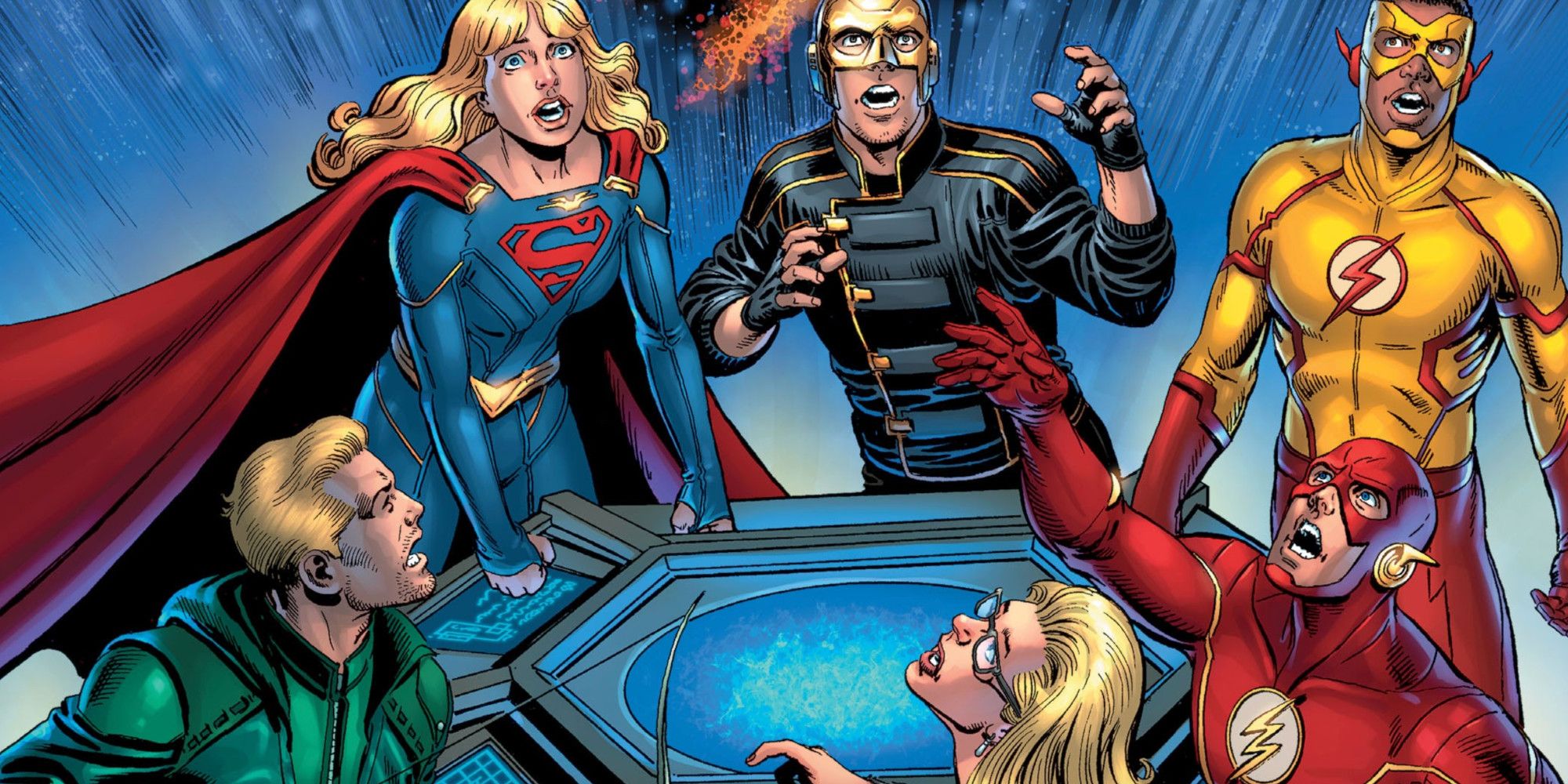 Os heróis do Arrowverse olhando para algo na capa de Crise nas Infinitas Terras Gigantes