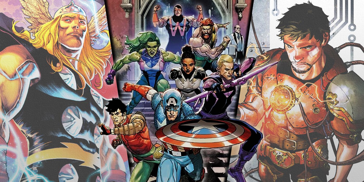 Split image of The Avengers with Thor and Iron Man from current Marvel comics