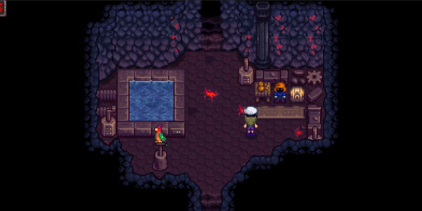 O jogador está na Dwarf Shop no quinto andar do Volcano Dungeon em Stardew Valley.