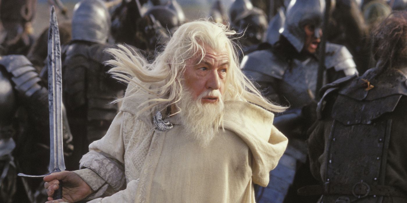 Ian McKellen as fighting Gandalf the White in The Lord of the Rings: The Return of the King.