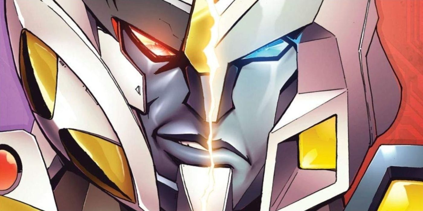 Un primer plano muestra la mitad de su rostro como Deadlock y la otra mitad como Drift en Transformers: Drift.