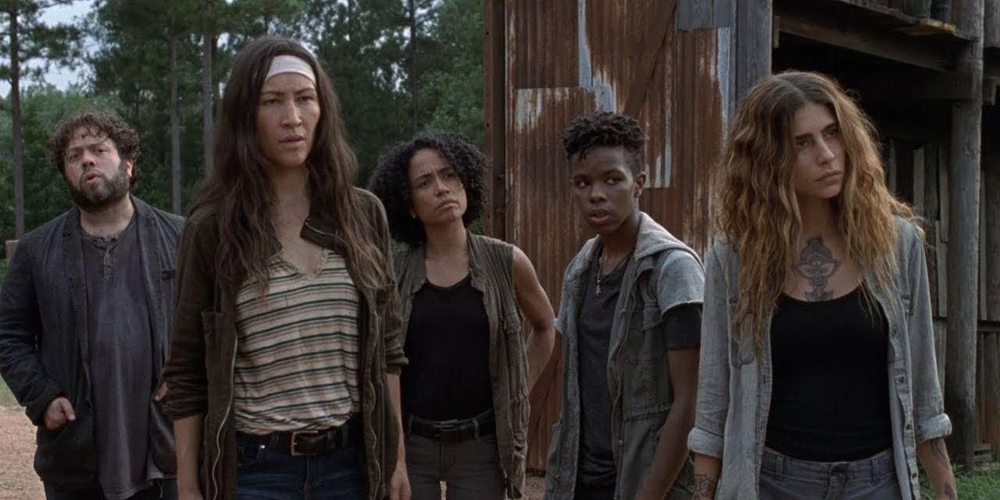 Luke, Yumiko, Connie, Kelly, and Magna confronting someone in The Walking Dead.