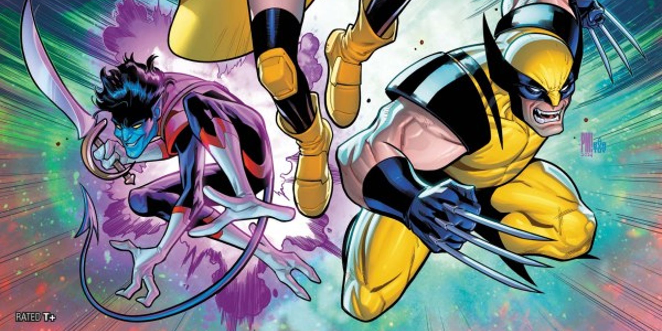 Wolverine extiende sus garras mientras Nightcrawler corta una espada en una toma de acción con Uncanny X-Men.