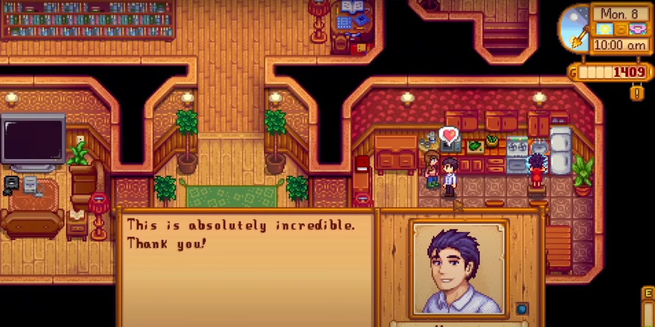 Victor agradece ao fazendeiro pelo presente em Stardew Valley Expanded.