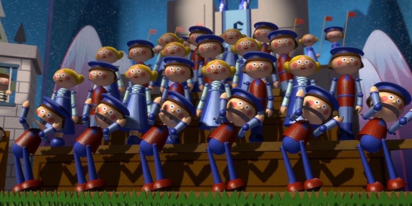 Las muñecas de Duloc cantan la línea "Límpiate la...cara" en la canción "Bienvenido a Duloc" en Shrek