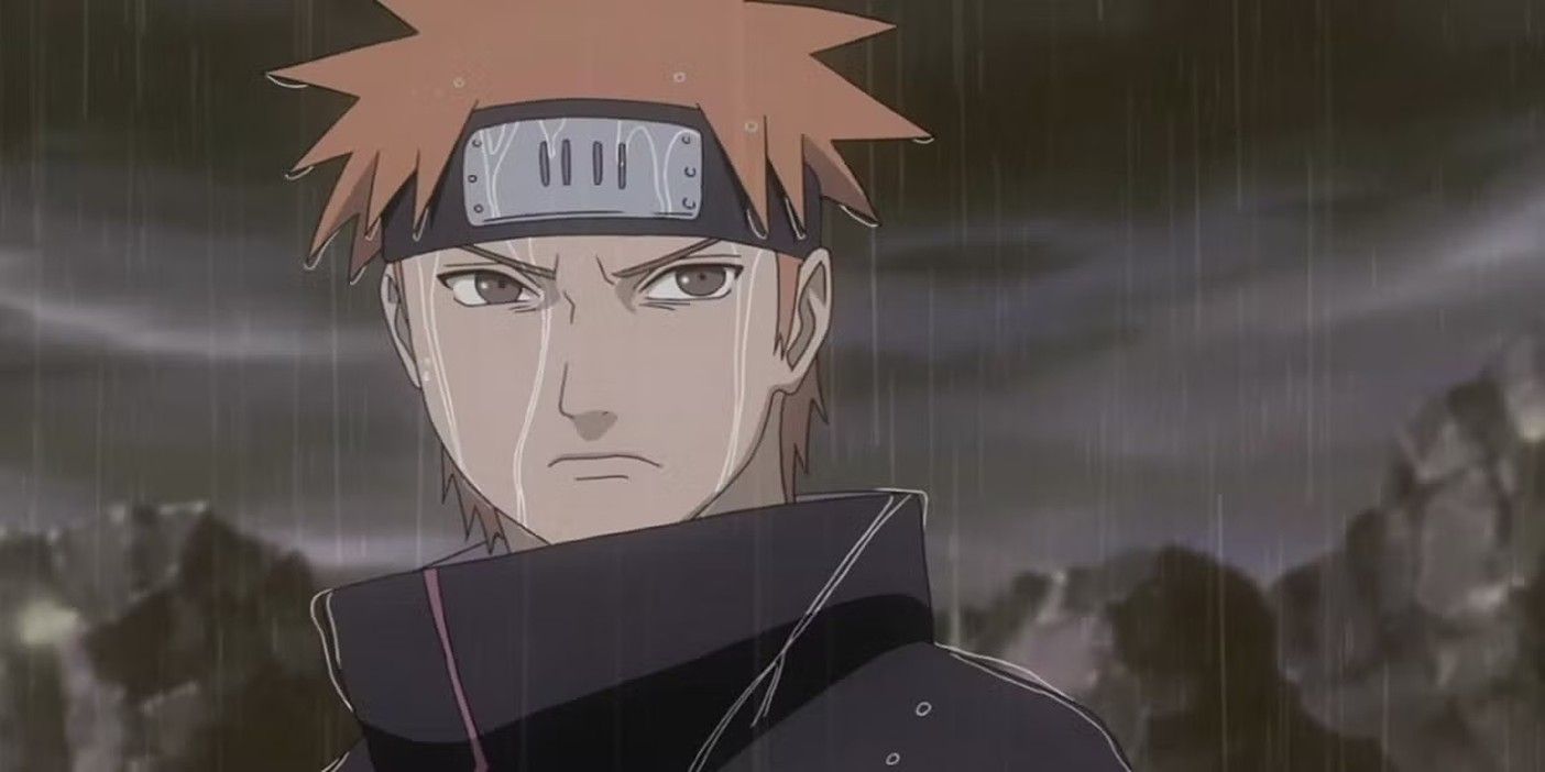 Yahiko stands in the rain