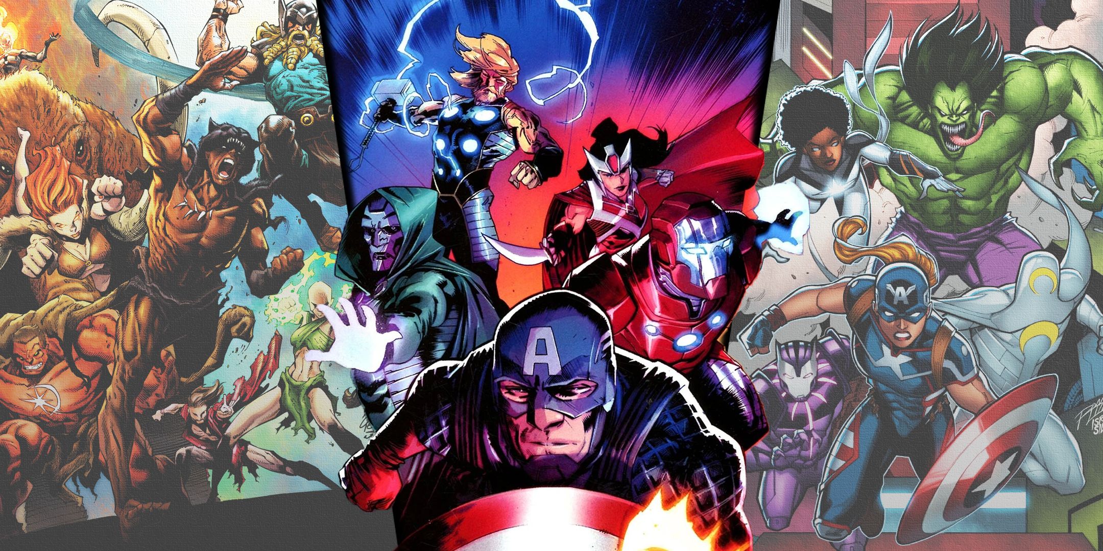 Split image of Avengers from across the multiverse and timestream