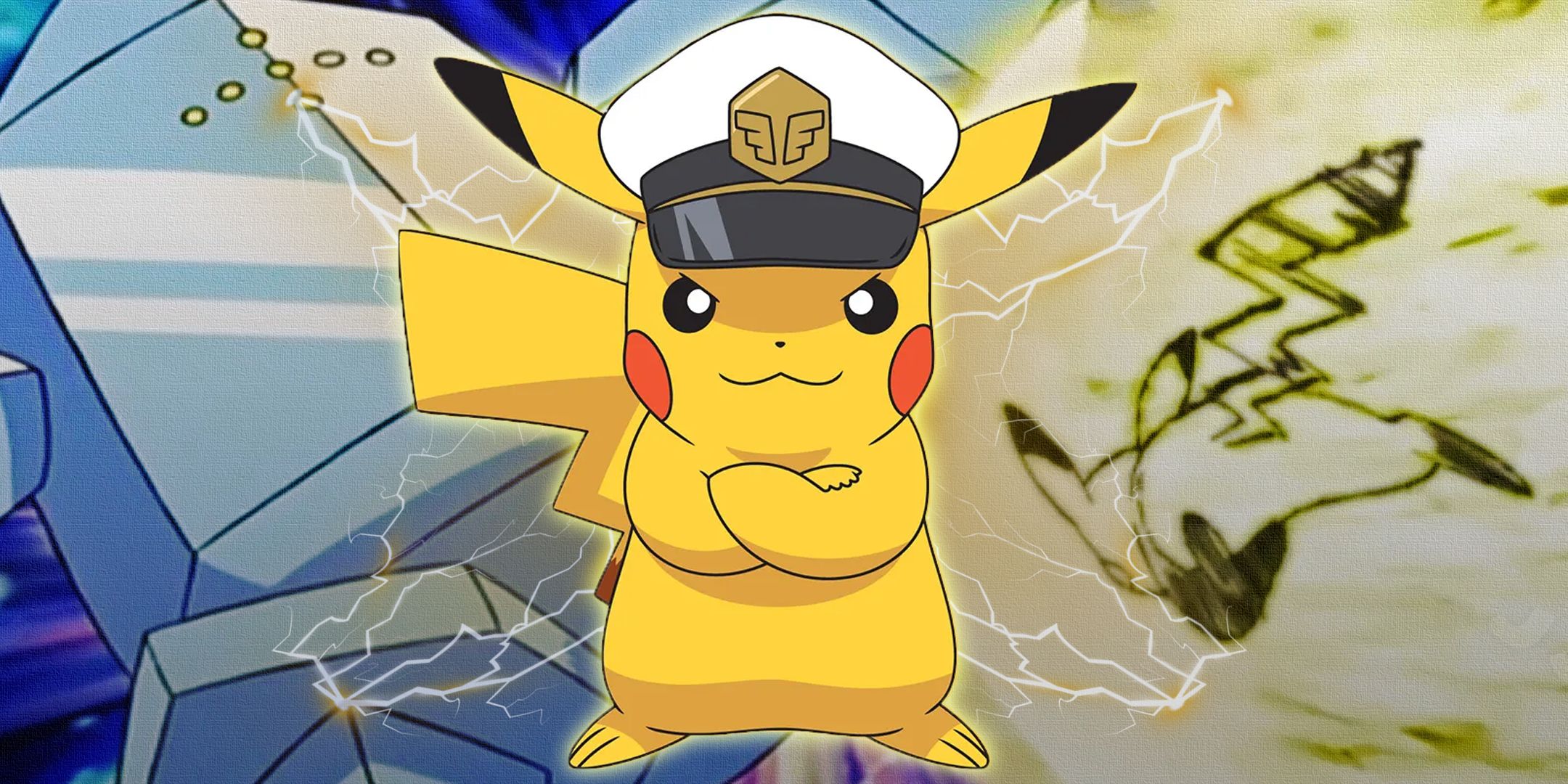 Captain Pikachu with Pikachu vs. Regice in the background