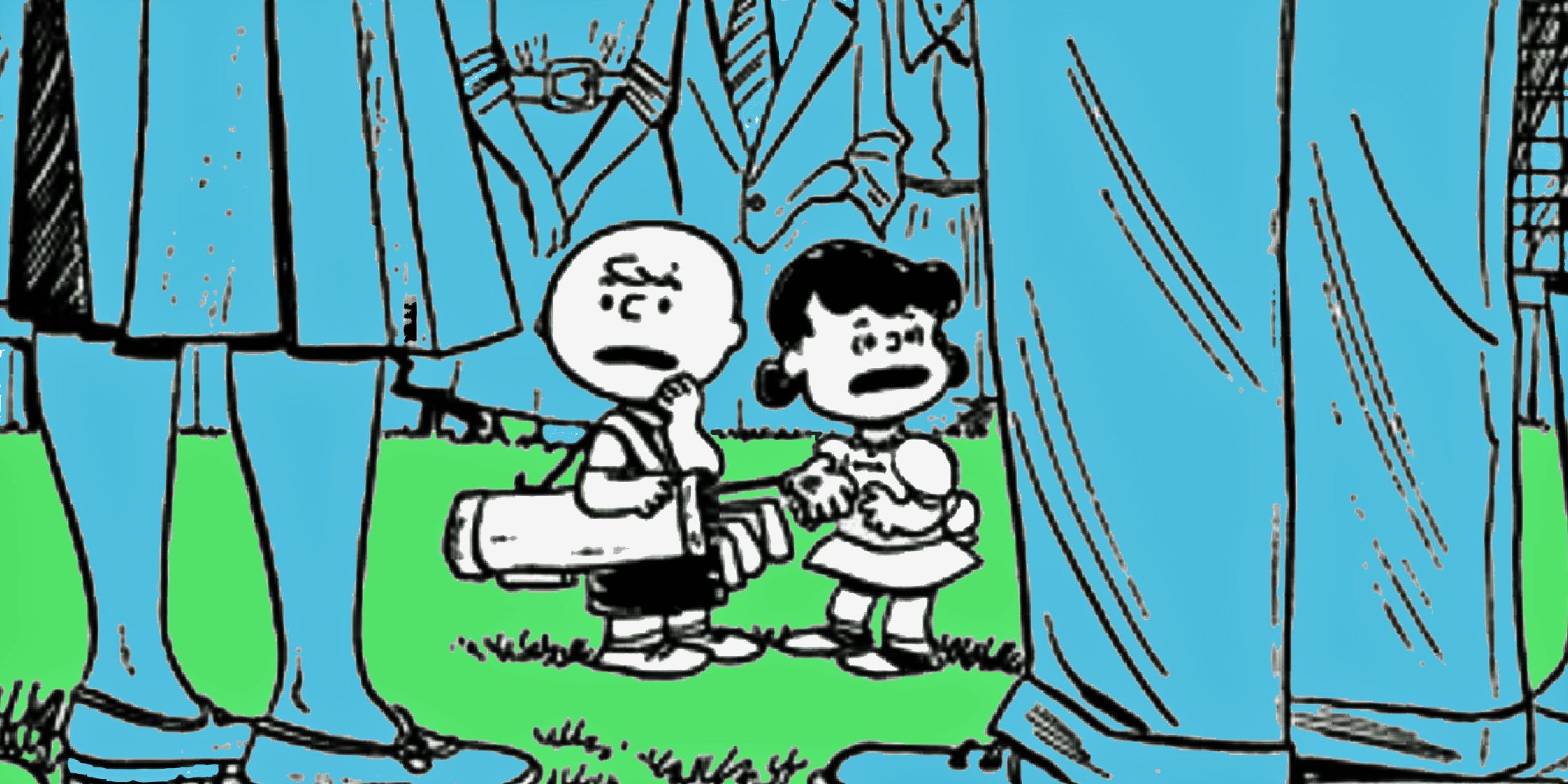 Charlie Brown and Lucy surrounded by adults from Peanuts comics