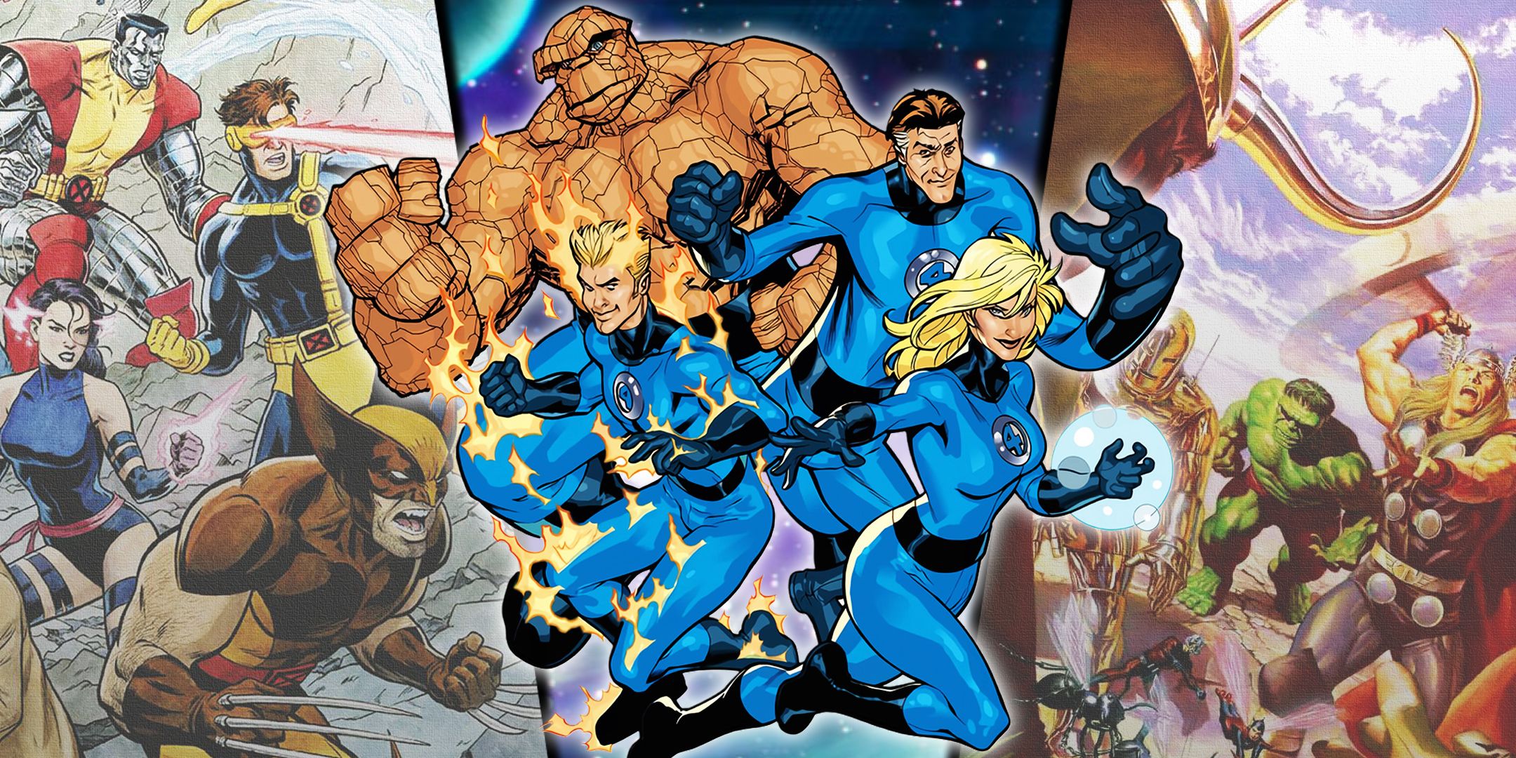 Split image of the Fantastic Four, X-Men and the Avengers from Marvel Comics