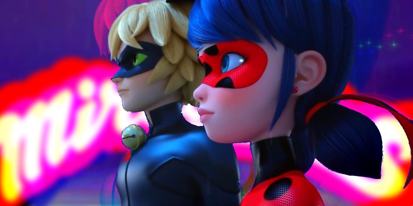 Cat Noir & Ladybug olhando sombriamente para longe.