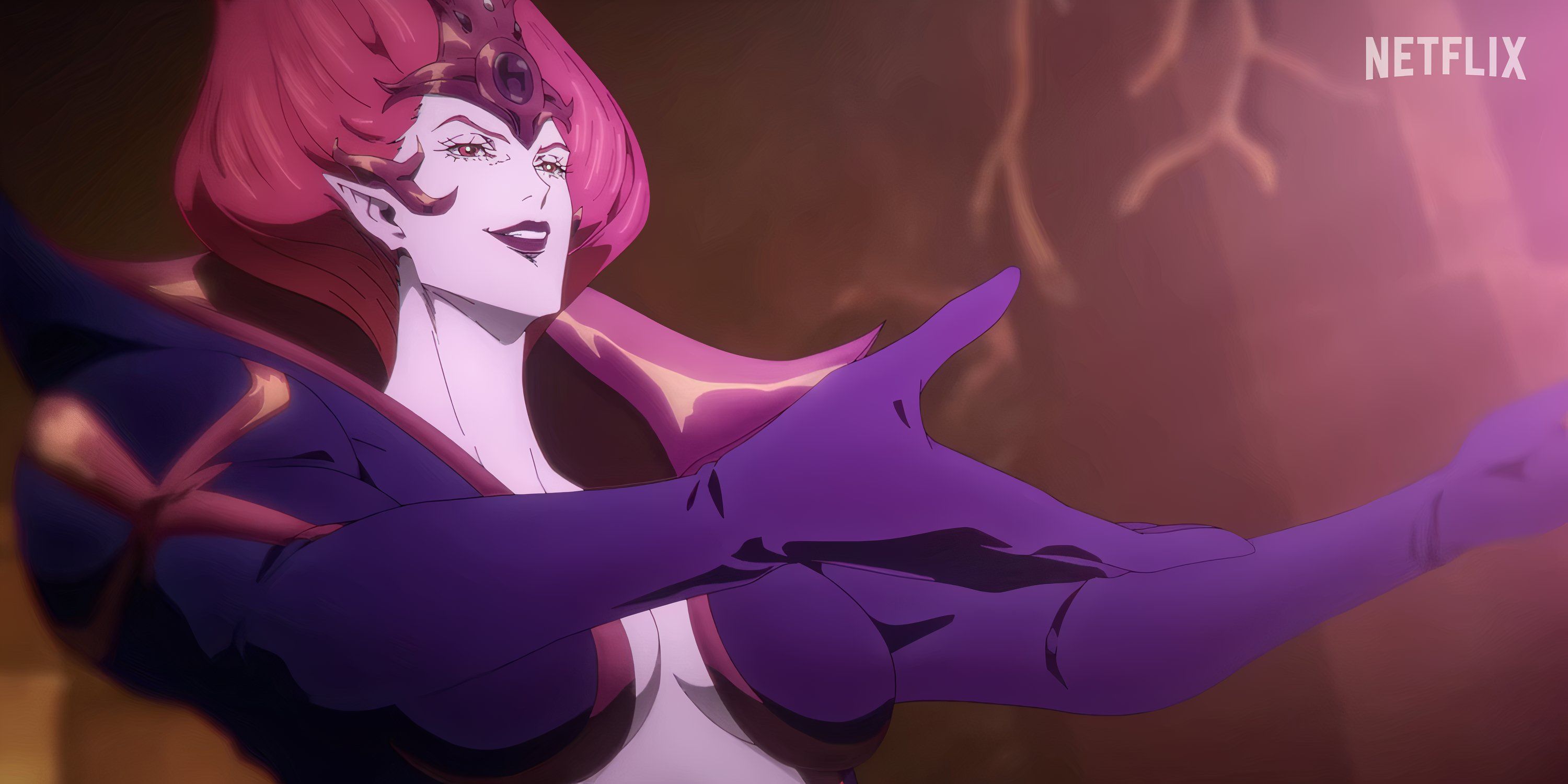 Erzsebeth wearing purple top with gloved arms outstretched in Castlevania: Nocturne Season 2